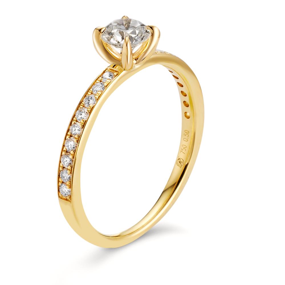 Solitaire ring 750/18K geel goud Diamant 0.47 ct, [Brillant], w-si, Diamant 0.18 ct, 18 Steen, [Brillant], w-si