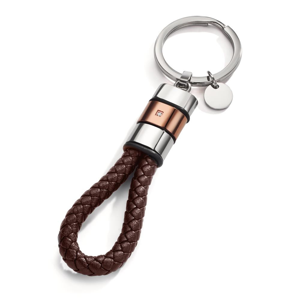 Sleutelhanger Roestvrijstaal, Leder, Rubber Zirkonia Bruin IP-gecoat 11 cm Ø30 mm
