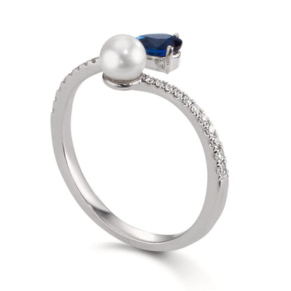 Ring 750/18K witgoud Diamant 0.105 ct, w-si, Saffier Akoya Parels 3.5-4 mm