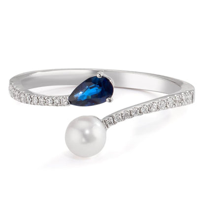 Ring 750/18K witgoud Diamant 0.105 ct, w-si, Saffier Akoya Parels 3.5-4 mm