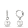 Scharnier oorringen creolen Zilver Zirkonia 18 Steen Gerhodineerd [shining Pearls], 2 Parels, 10 mm