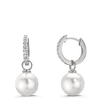 Scharnier oorringen creolen Zilver Zirkonia 18 Steen Gerhodineerd [shining Pearls], 2 Parels, 10 mm