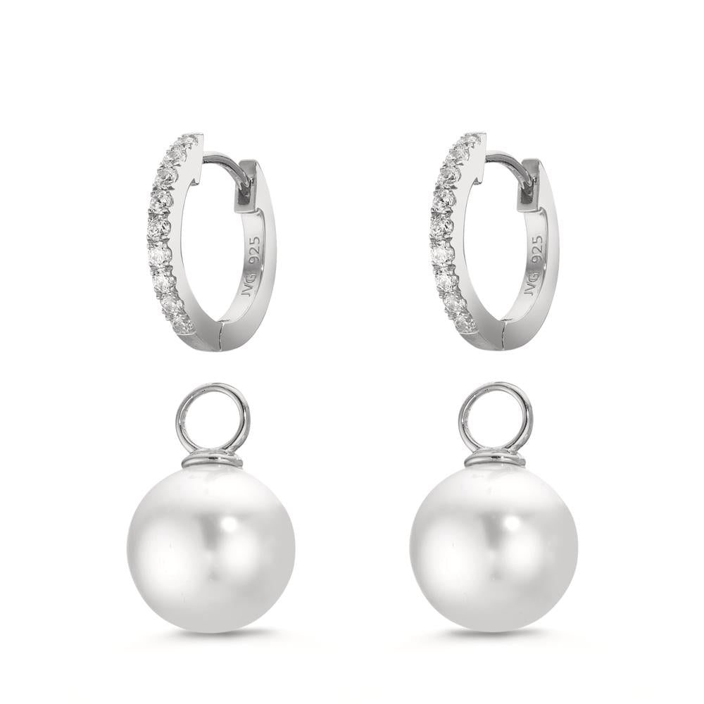 Scharnier oorringen creolen Zilver Zirkonia 18 Steen Gerhodineerd [shining Pearls], 2 Parels, 10 mm