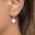 Scharnier oorringen creolen Zilver Zirkonia 18 Steen Gerhodineerd [shining Pearls], 2 Parels, 10 mm