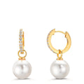 Scharnier oorringen creolen Zilver Zirkonia 18 Steen Geel Verguld [shining Pearls], 2 Parels, 10 mm