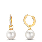 Scharnier oorringen creolen Zilver Zirkonia 18 Steen Geel Verguld [shining Pearls], 2 Parels, 10 mm