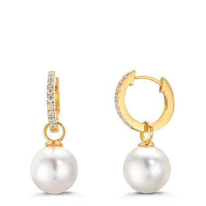 Scharnier oorringen creolen Zilver Zirkonia 18 Steen Geel Verguld [shining Pearls], 2 Parels, 10 mm
