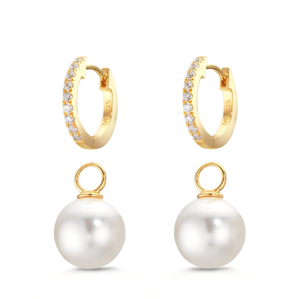 Scharnier oorringen creolen Zilver Zirkonia 18 Steen Geel Verguld [shining Pearls], 2 Parels, 10 mm