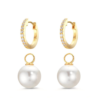 Scharnier oorringen creolen Zilver Zirkonia 18 Steen Geel Verguld [shining Pearls], 2 Parels, 10 mm