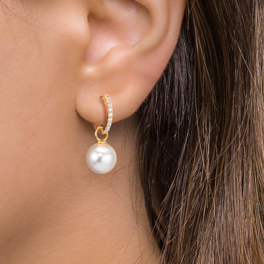 Scharnier oorringen creolen Zilver Zirkonia 18 Steen Geel Verguld [shining Pearls], 2 Parels, 10 mm