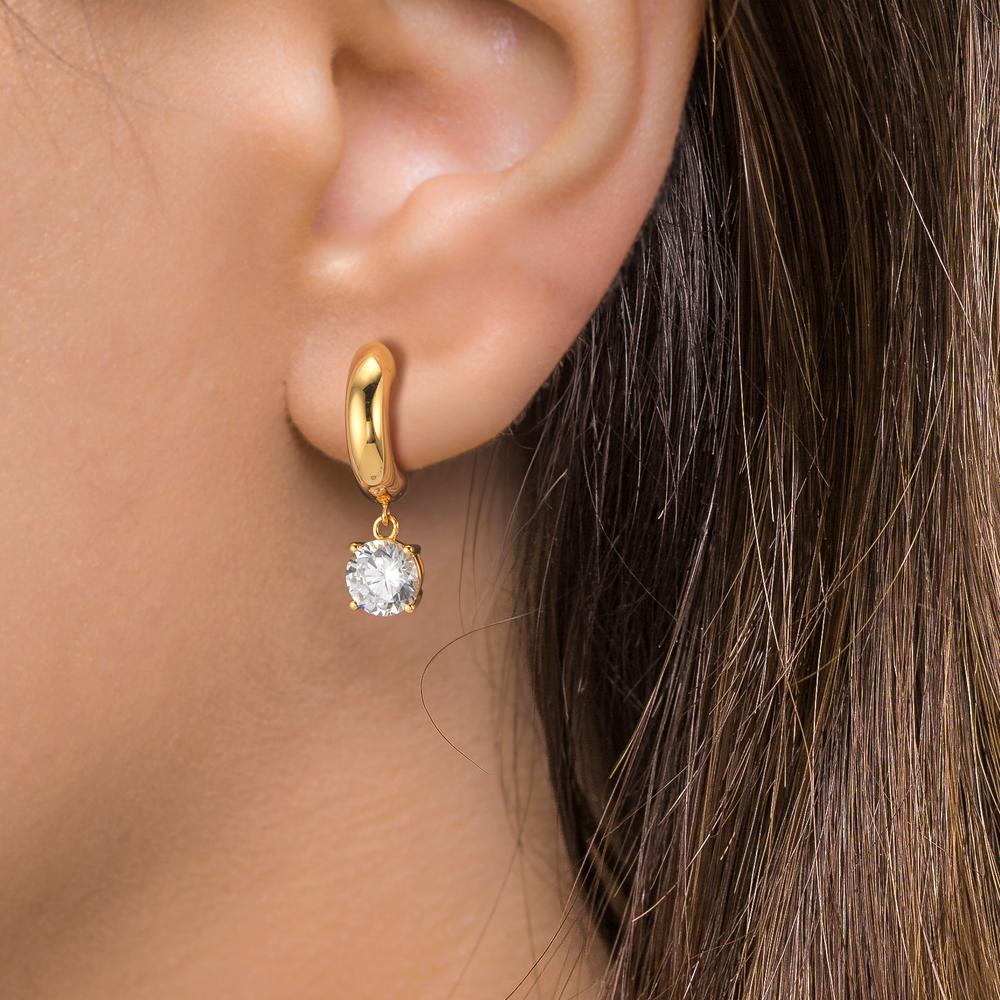 Scharnier oorringen creolen Zilver Zirkonia 2 Steen, 6 mm Geel Verguld