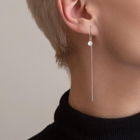 Doortrek oorbellen Zilver Gerhodineerd [shining Pearls], 2 Parels, 5 mm