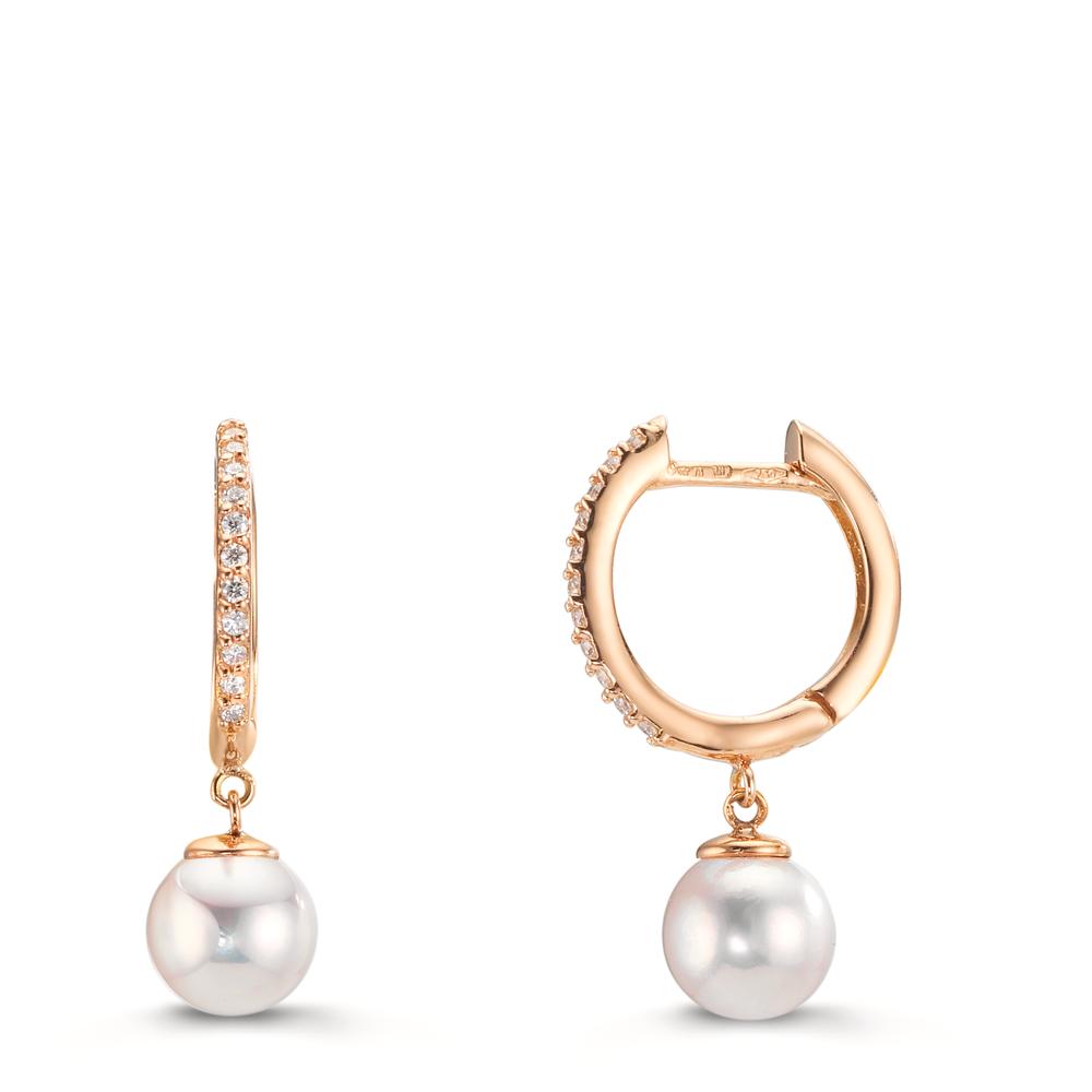 Scharnier oorringen creolen 750/18K rood goud Diamant 0.09 ct, 22 Steen, tw-si Akoya Parels, 2 Parels 6-6.5 mm