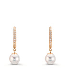 Scharnier oorringen creolen 750/18K rood goud Diamant 0.09 ct, 22 Steen, tw-si Akoya Parels, 2 Parels 6-6.5 mm