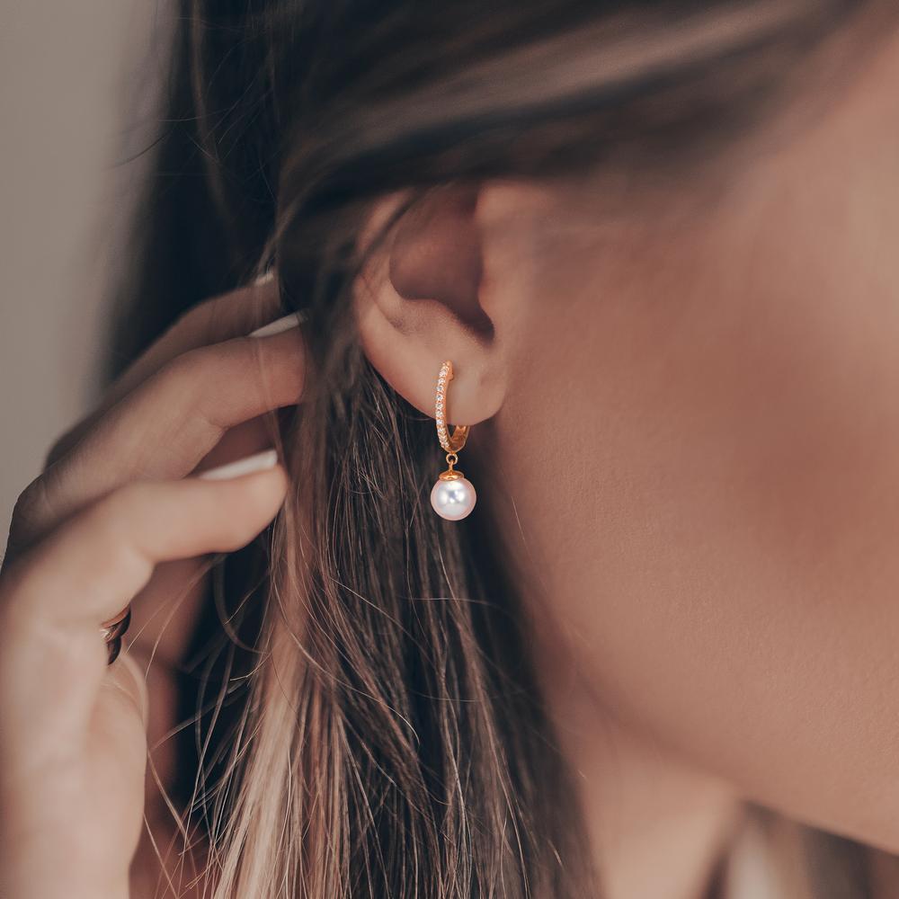 Scharnier oorringen creolen 750/18K rood goud Diamant 0.09 ct, 22 Steen, tw-si Akoya Parels, 2 Parels 6-6.5 mm