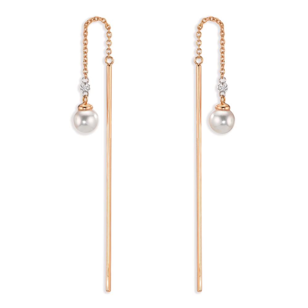 Doortrek oorbellen 750/18K rood goud Diamant 0.06 ct, 3 Steen, tw-si Akoya Parels, 2 Parels, 4.5 mm