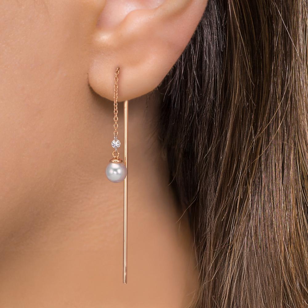 Doortrek oorbellen 750/18K rood goud Diamant 0.06 ct, 3 Steen, tw-si Akoya Parels, 2 Parels, 4.5 mm