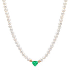 Collier 750/18K rood goud synthetische Smaragd zoetwater Parel, 3.5 mm Hart 40-44 cm