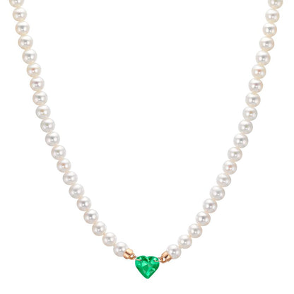 Collier 750/18K rood goud synthetische Smaragd zoetwater Parel, 3.5 mm Hart 40-44 cm