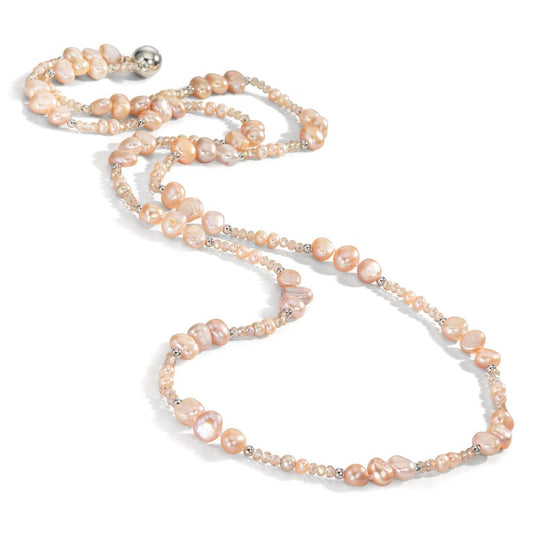 Collier Roestvrijstaal Kristal roze zoetwater Parel roze 90 cm