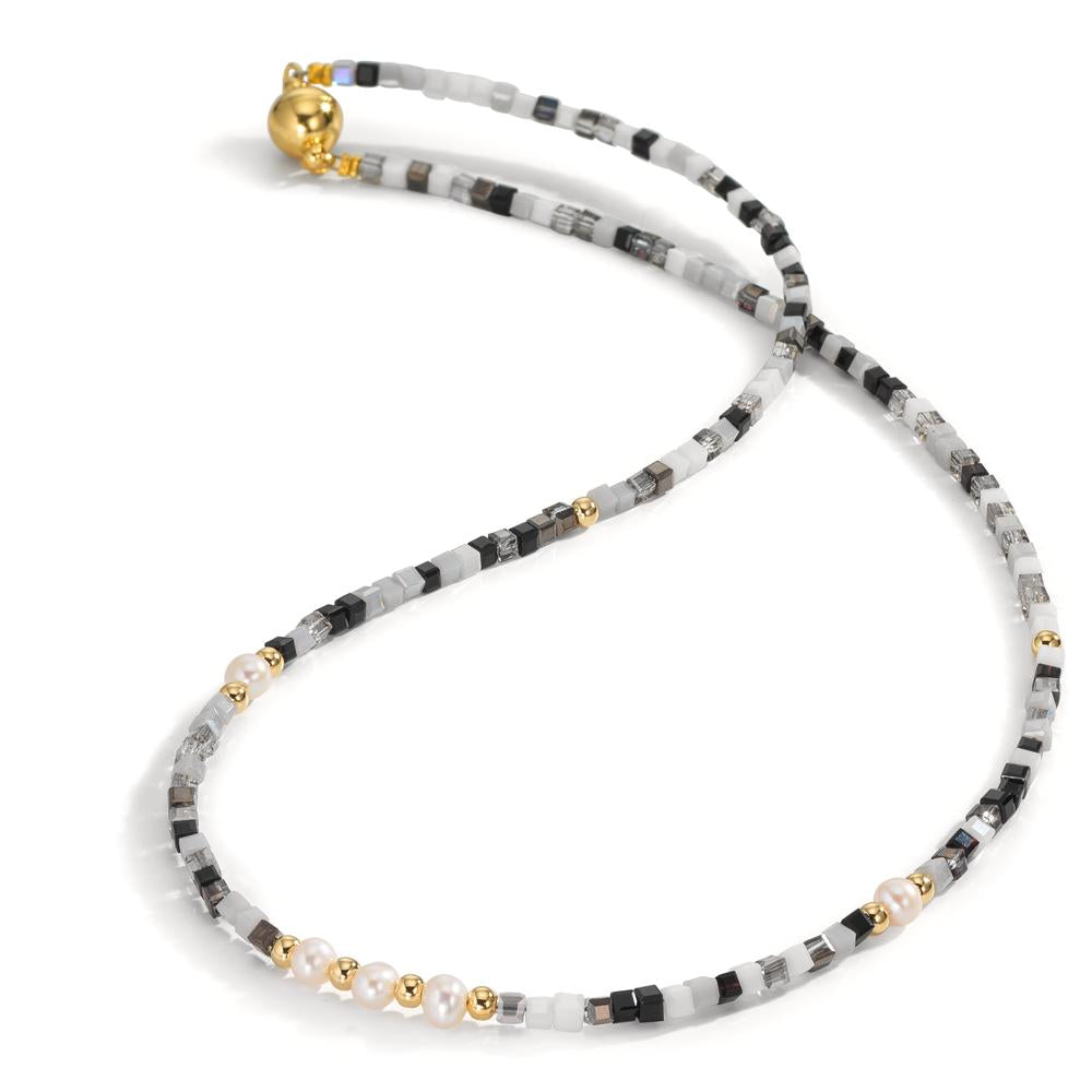 Collier Roestvrijstaal Kristal Geel IP-gecoat zoetwater Parel, 5 Parels, 4.5 mm 43 cm