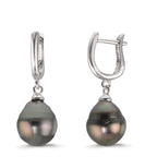 Scharnier oorringen creolen Zilver Gerhodineerd Tahiti Parel, 2 Parels 9-10 mm