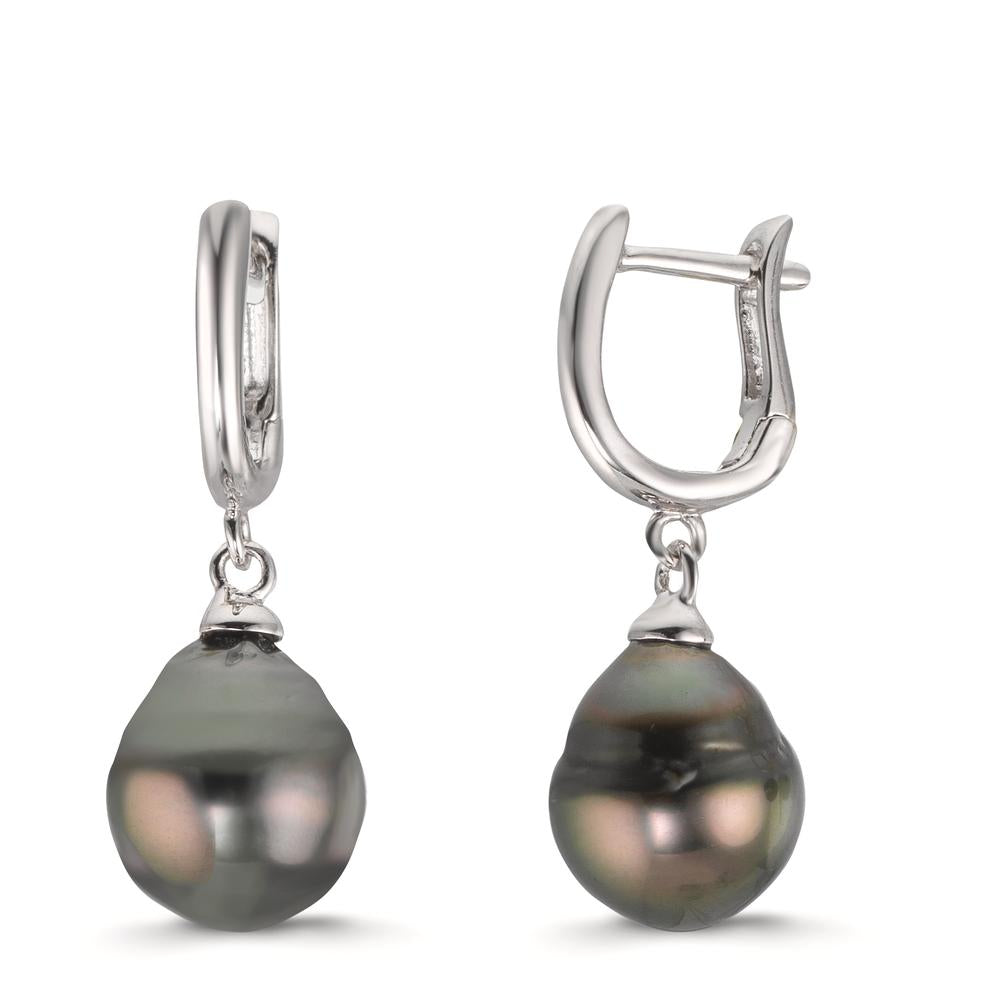 Scharnier oorringen creolen Zilver Gerhodineerd Tahiti Parel, 2 Parels 9-10 mm