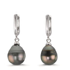 Scharnier oorringen creolen Zilver Gerhodineerd Tahiti Parel, 2 Parels 9-10 mm