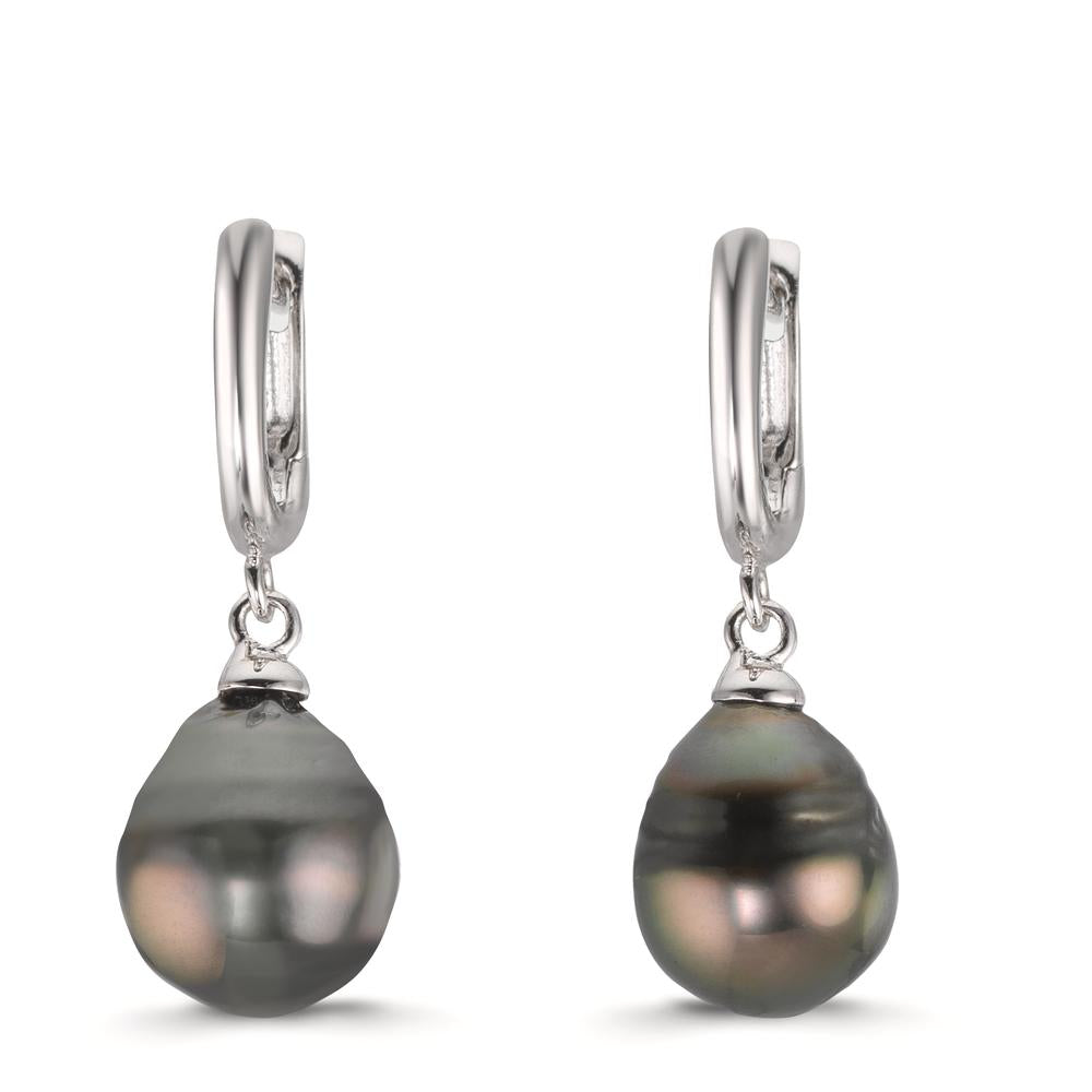 Scharnier oorringen creolen Zilver Gerhodineerd Tahiti Parel, 2 Parels 9-10 mm