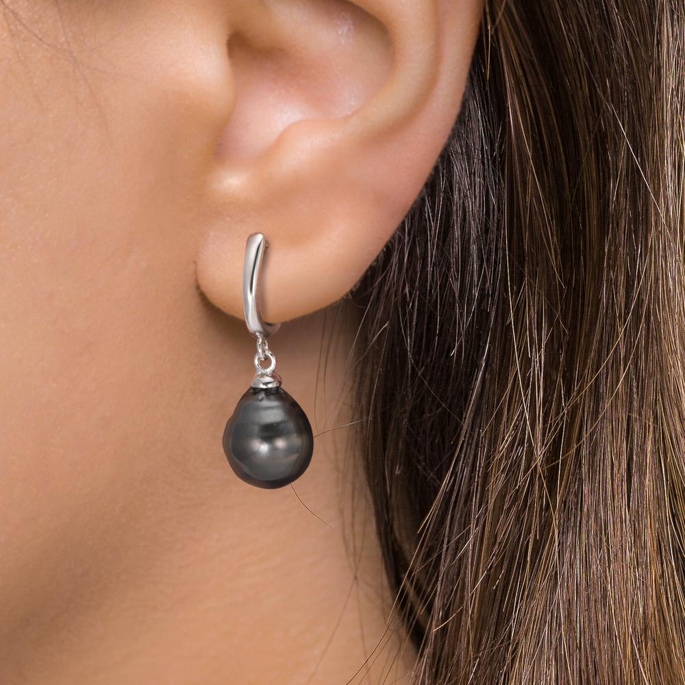 Scharnier oorringen creolen Zilver Gerhodineerd Tahiti Parel, 2 Parels 9-10 mm