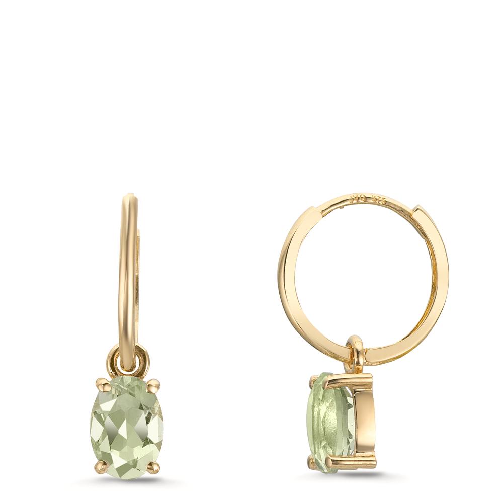 Oorringen creolen met hanger 375/9K geel goud Amethist groente, 2 Steen