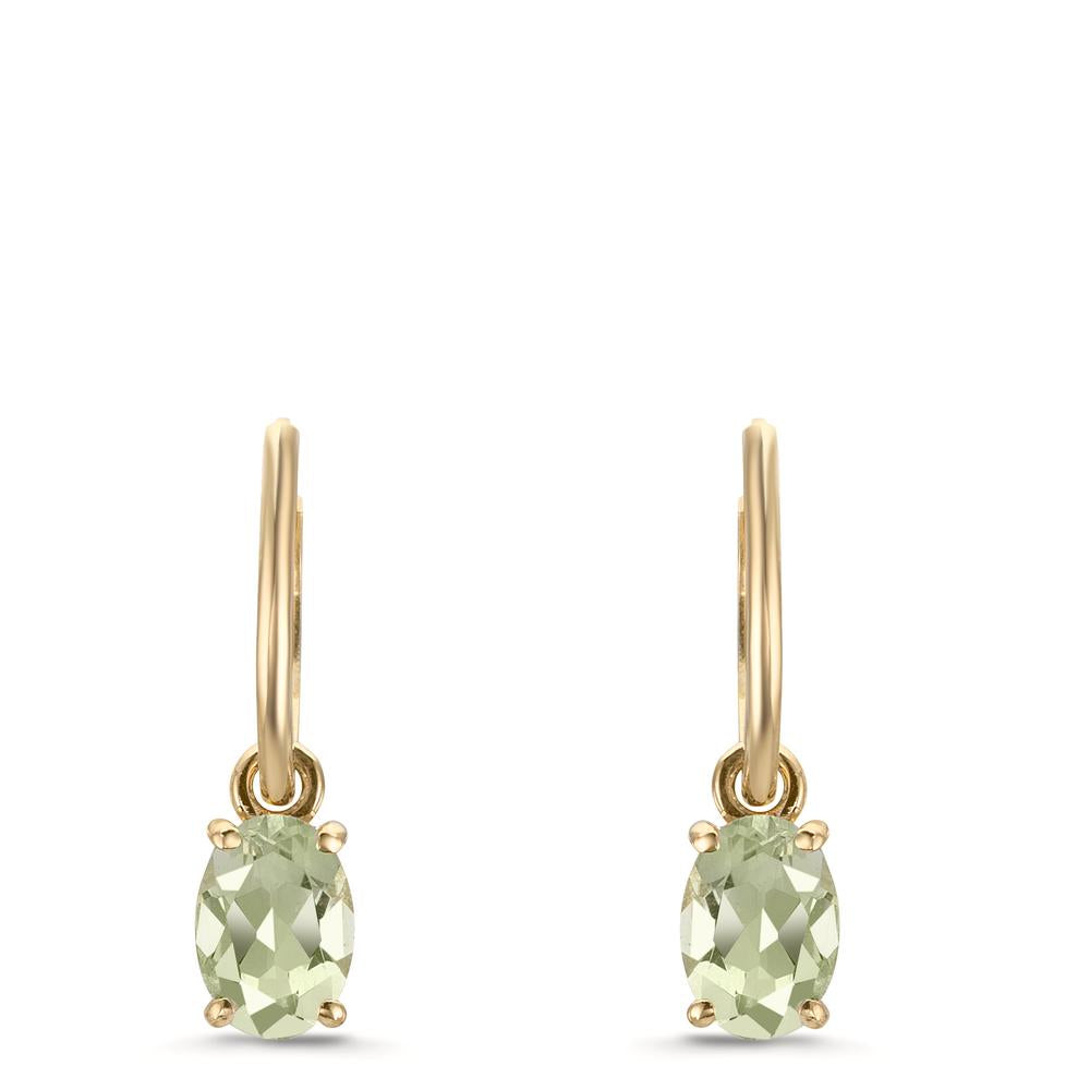 Oorringen creolen met hanger 375/9K geel goud Amethist groente, 2 Steen