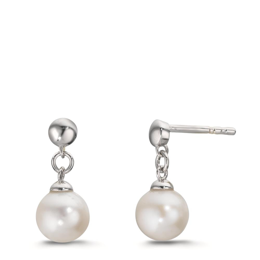 Oorbellen Zilver Gerhodineerd zoetwater Parel, 2 Parels, 6.5 mm