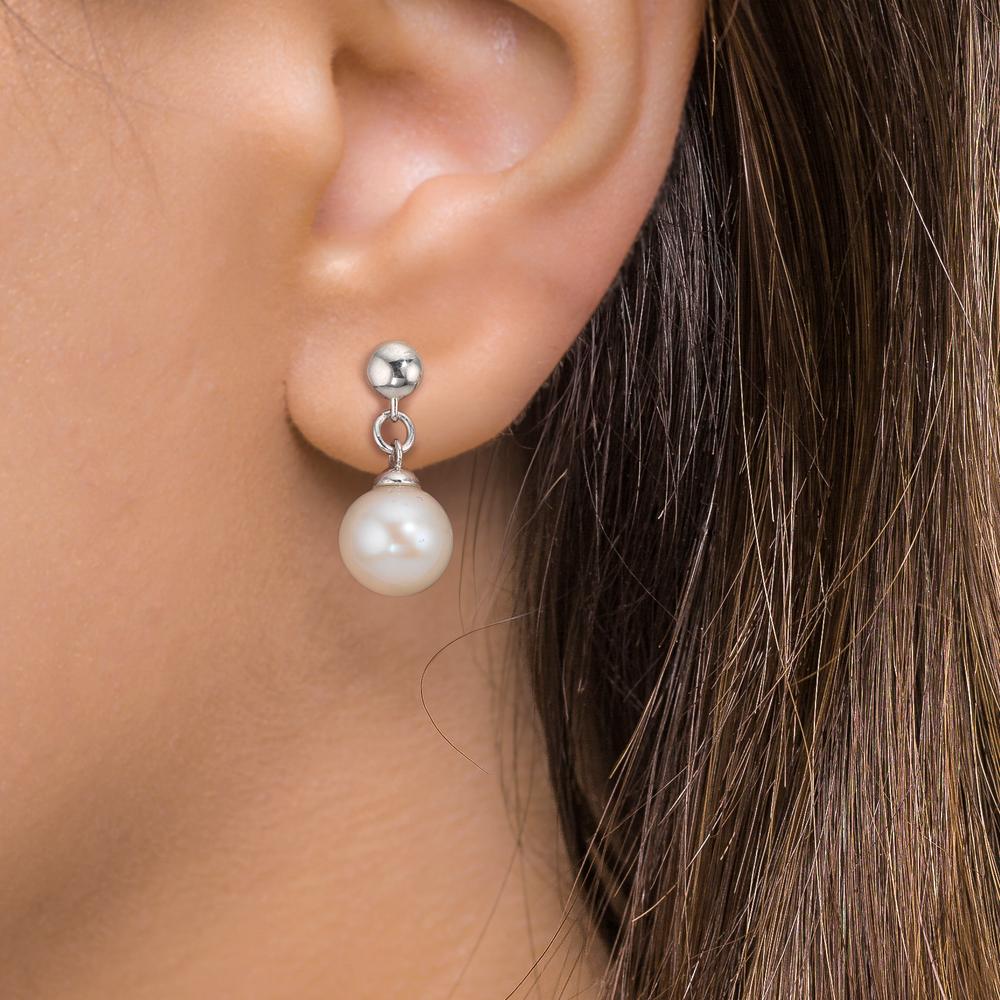 Oorbellen Zilver Gerhodineerd zoetwater Parel, 2 Parels, 6.5 mm