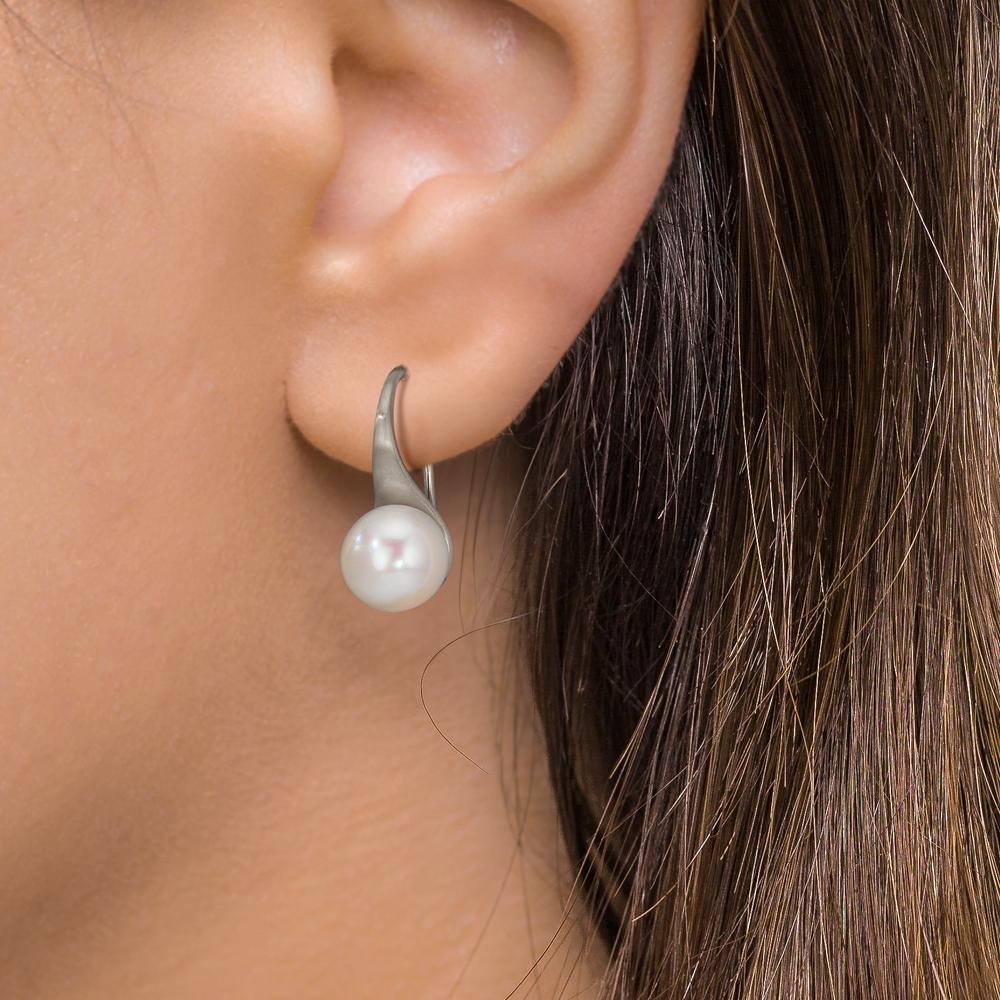 Oorbellen Zilver Gerhodineerd zoetwater Parel, 2 Parels, 8 mm