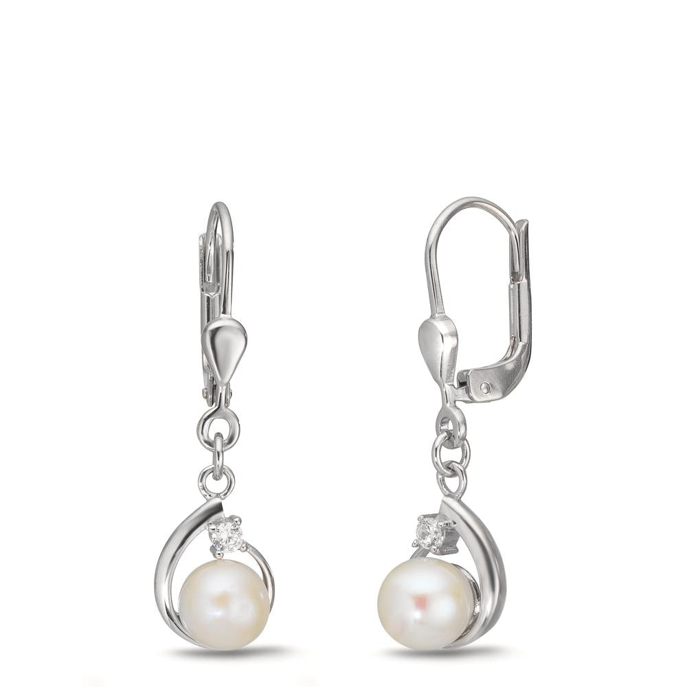 Oorbellen Zilver Zirkonia 2 Steen Gerhodineerd zoetwater Parel, 2 Parels, 5.5 mm