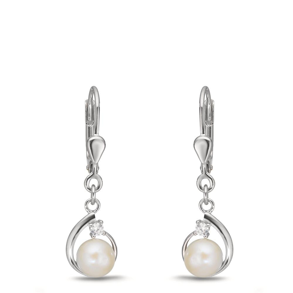 Oorbellen Zilver Zirkonia 2 Steen Gerhodineerd zoetwater Parel, 2 Parels, 5.5 mm