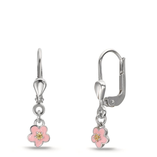 Oorbellen Zilver Zirkonia geel, 2 Steen Gerhodineerd Bloem