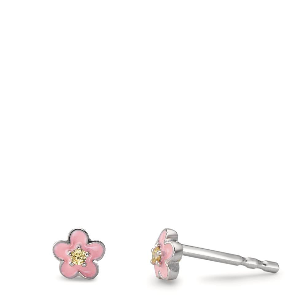Oorknoppen Zilver Zirkonia geel, 2 Steen Gerhodineerd Bloem Ø4.5 mm