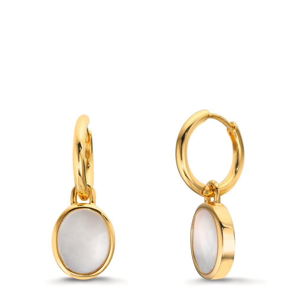 Oorringen creolen met hanger Zilver Geel Verguld Parelmoer wit, 2 Parels 9-9.5 mm Ø14 mm
