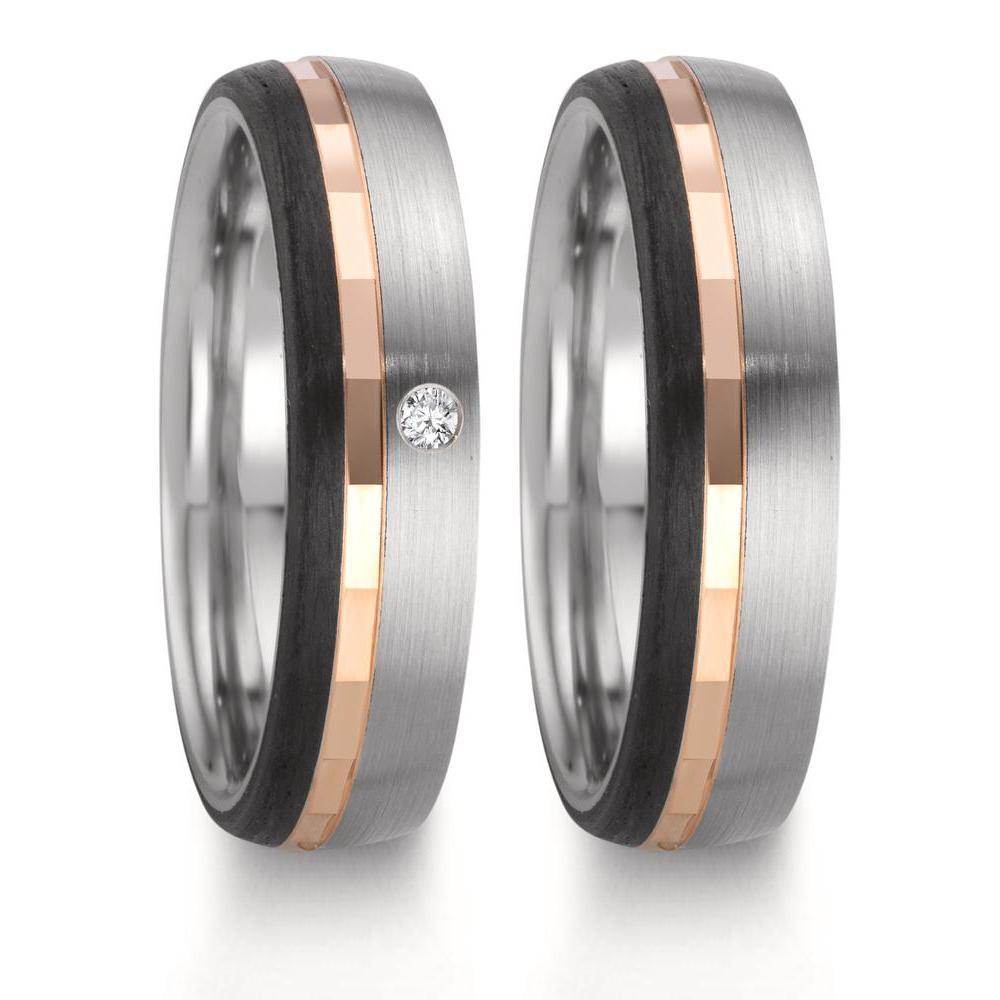 Partnerring Roestvrijstaal, 375/9K rood goud Diamant 0.02 ct, w-si