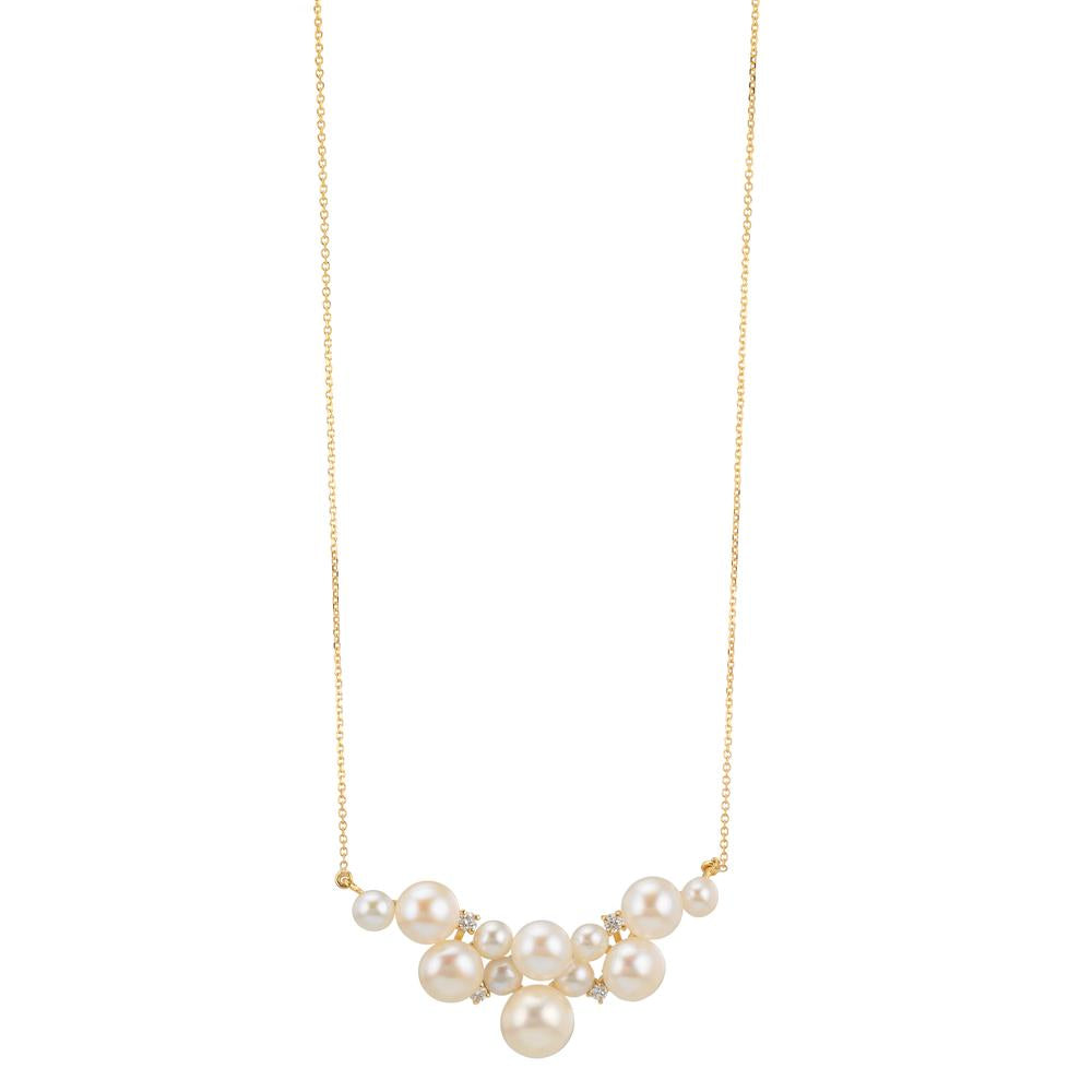 Collier 750/18K geel goud Diamant 0.08 ct, 4 Steen, w-si zoetwater Parel, 12 Parels 3.5-6.5 mm 42-45 cm