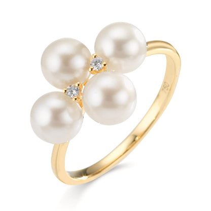 Ring 750/18K geel goud Diamant 0.30 ct, 2 Steen, w-si zoetwater Parel, 4 Parels 5.5-6 mm