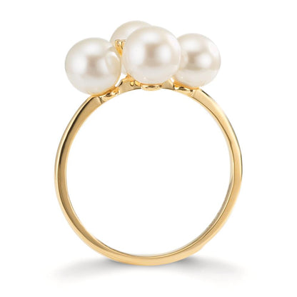 Ring 750/18K geel goud Diamant 0.30 ct, 2 Steen, w-si zoetwater Parel, 4 Parels 5.5-6 mm